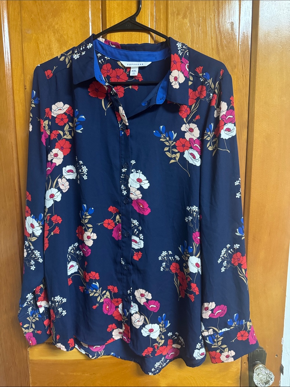 POPSUGAR Navy Floral Button-Down Shirt with Red, Pink & White Blossoms